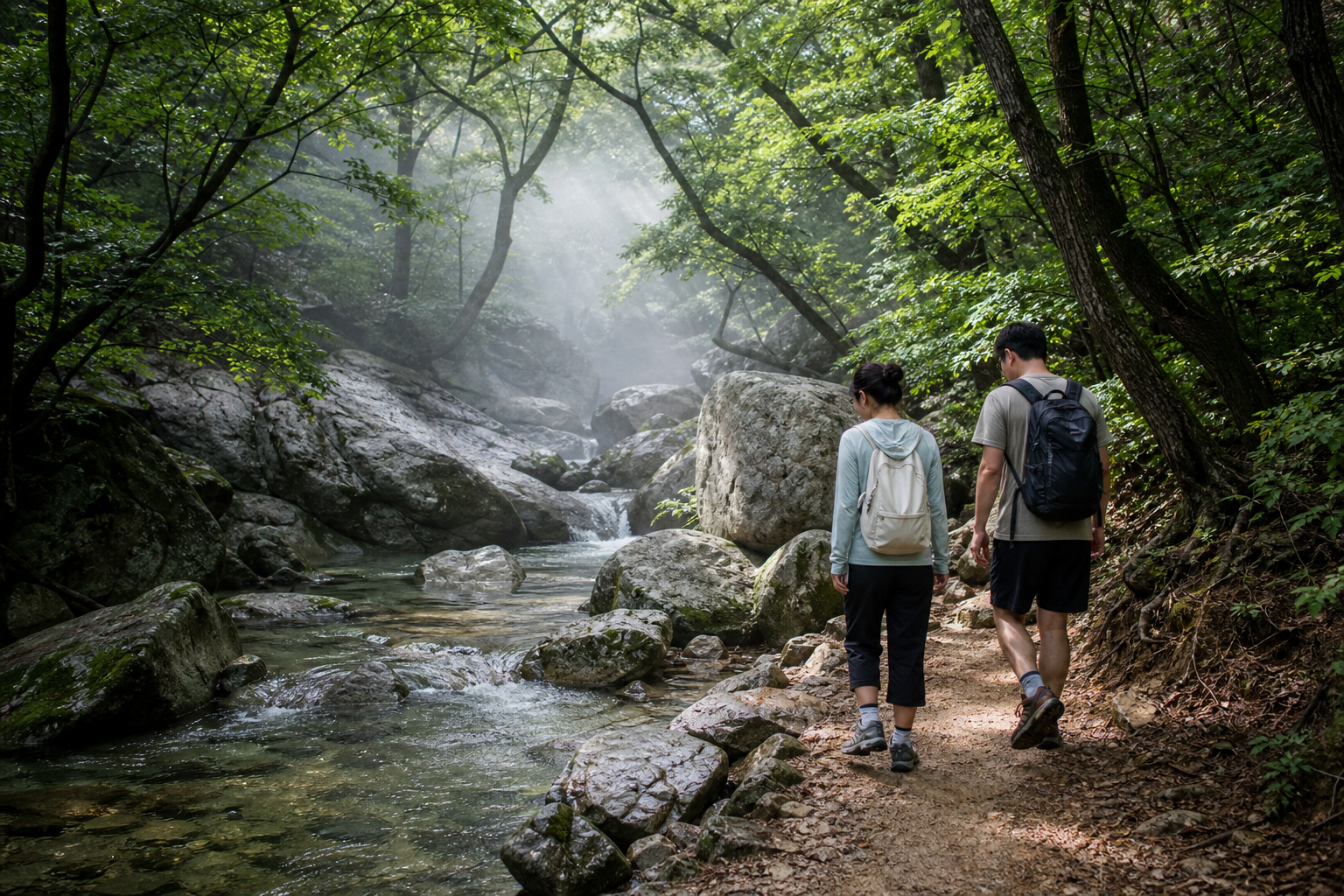폭염경고 속 북한산 숲길, 시원한 계곡물과 운무의 풍경
