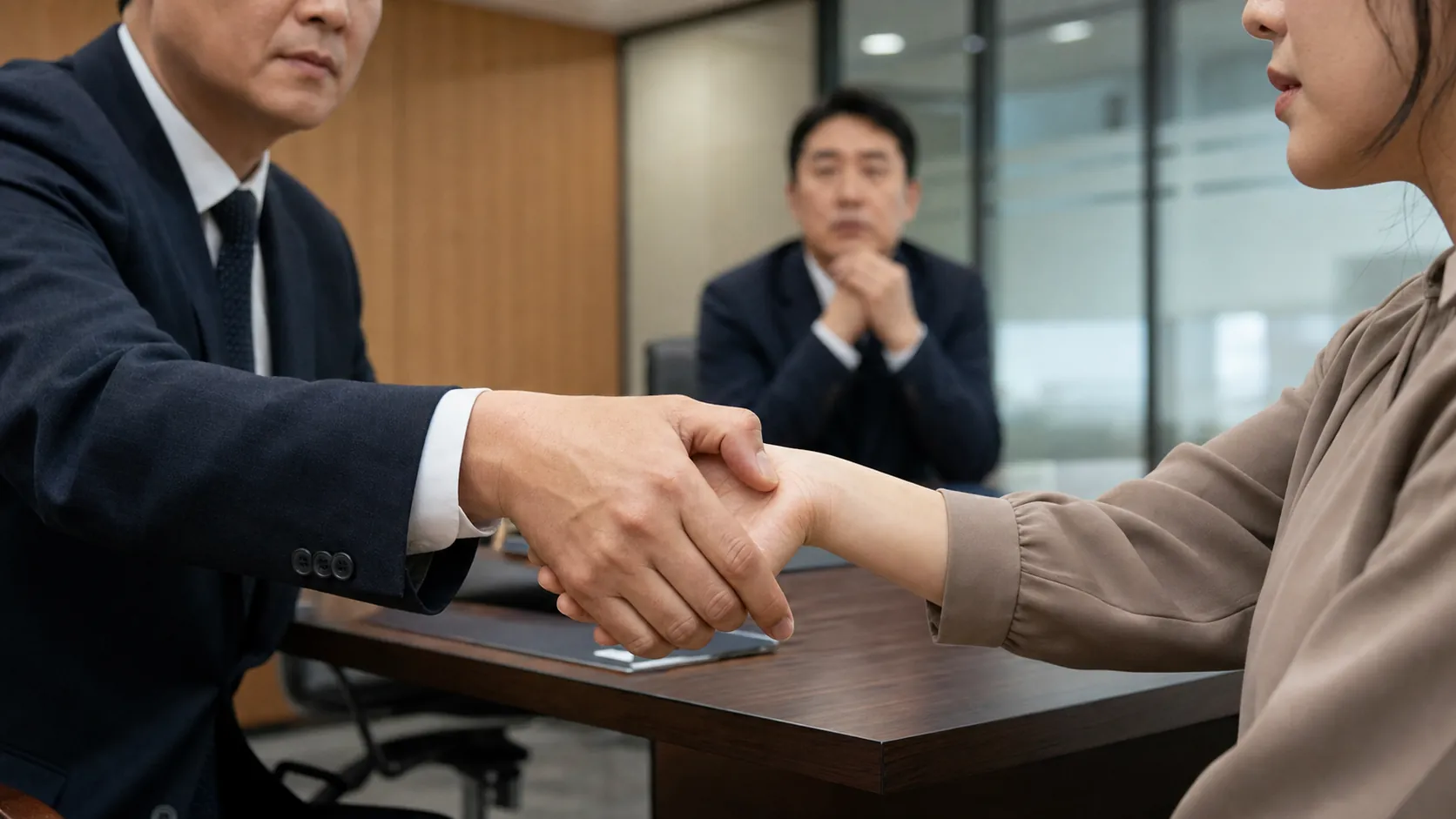 악수 중 부적절한 신체 접촉, 강제추행은 무죄